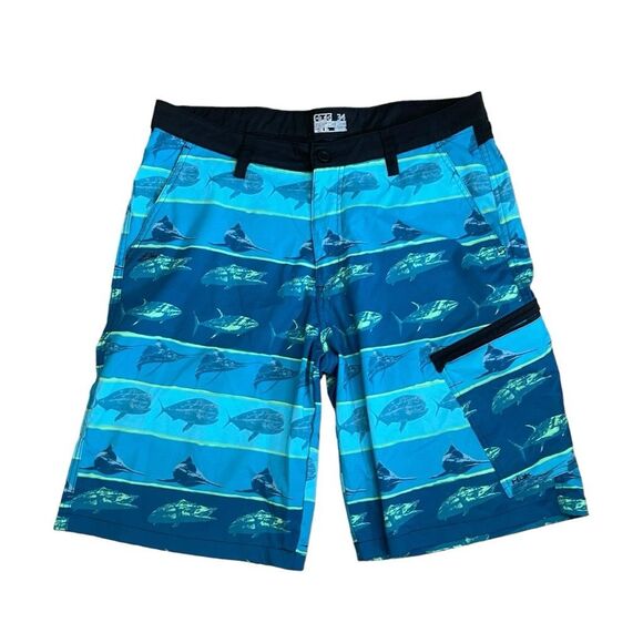 Huk Next Level 10.5" Board Shorts Turquoise Black Fish Pattern Quick-Dry 34 - Picture 1 of 7